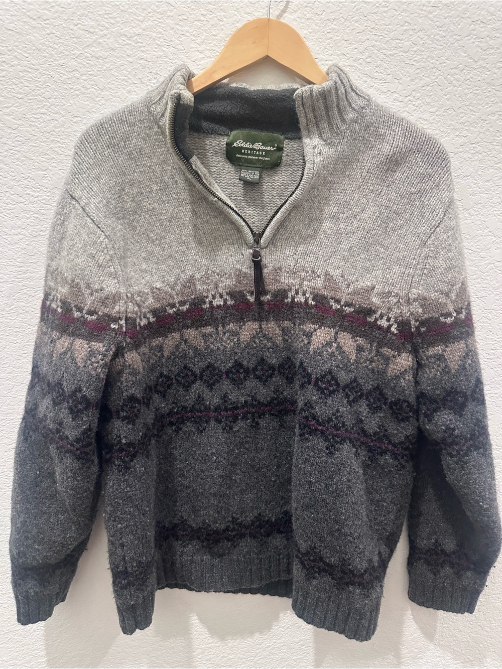 Eddie Bauer Heritage Fair Isle 100% Wool Blend Quarter Zip Sweater Gray Nordic
